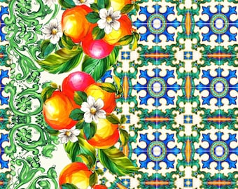 Tessuto misto lino floreale color limone e arancio