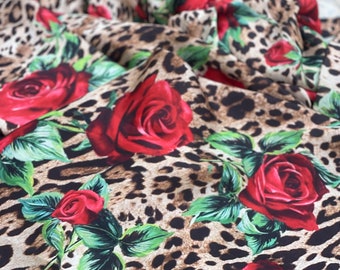 Leopard Red Roses Silky Satin Fabric: Soft Drape, Wrinkle-Free