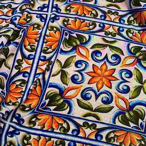 Majolica Tile Linen Panel Fabric | Mediterranean Floral Print | 150 cm 164 yard Wide (59&quot;) | 75x75 cm Panel – 4 Color Options