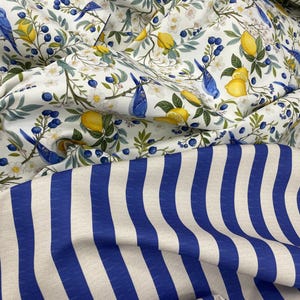 Può includere: Sono mostrati due tessuti. Uno ha uno sfondo bianco con un motivo di limoni, uccelli blu e bacche. L'altro tessuto ha uno sfondo color crema con spesse strisce verticali blu. I tessuti sono piegati.
