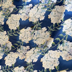 Hydrangea Floral Patterned Fabric Blue Silky Satin Fabric - Does Not Show Underwear for Dress