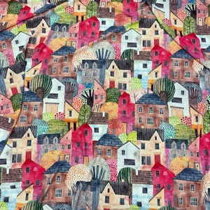 Colorful Houses Patterned Crepe Fabric Our Special Collection Pattern