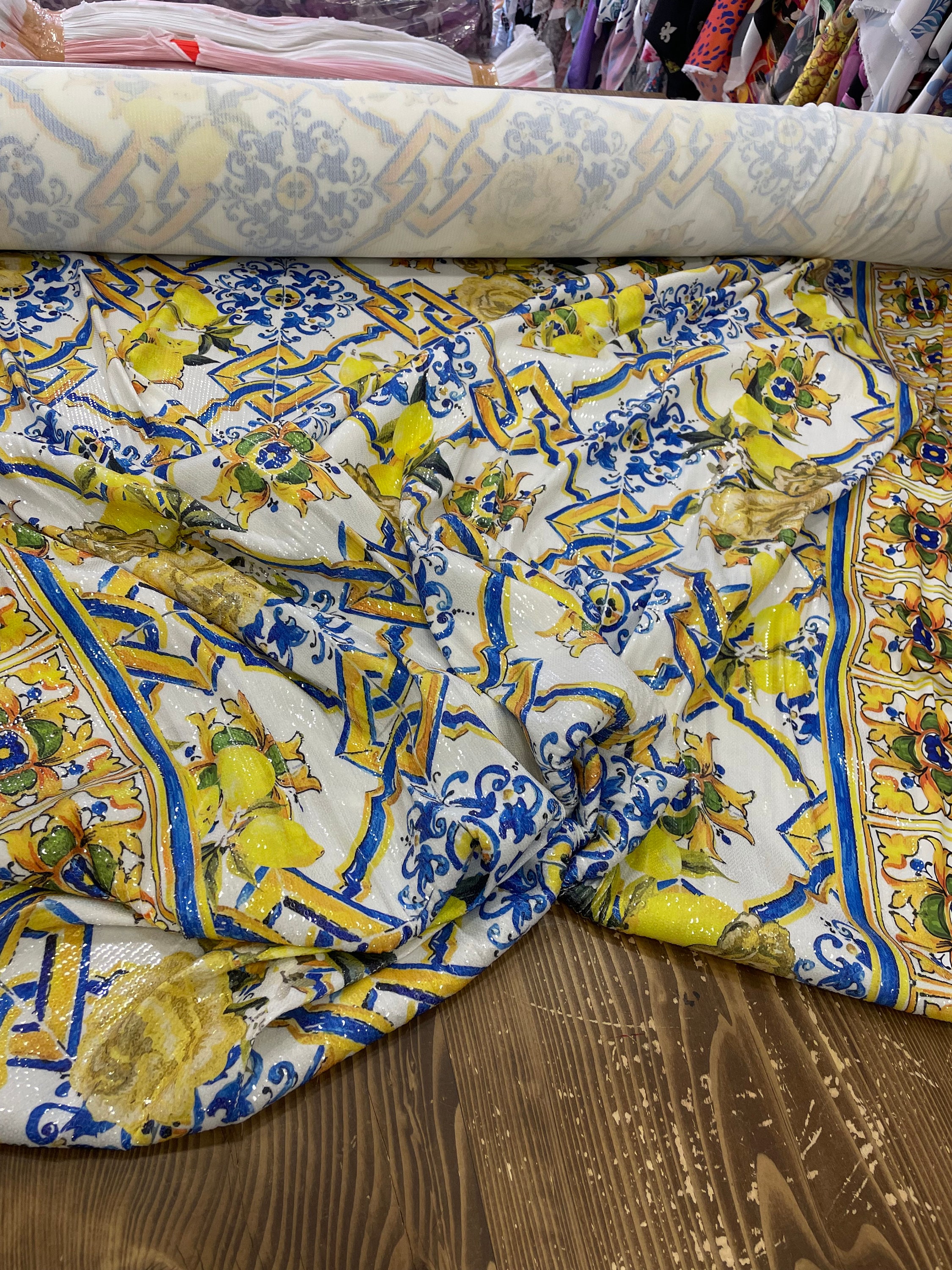 Sequin Flexible Fabric -Majolica Sicilian Pattern, Shiny Fabric