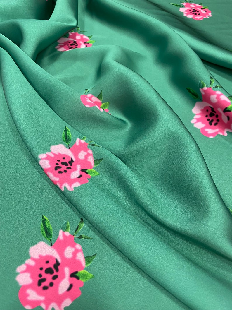 Crispy Pink Flowers Green Background Pink Silk Satin Fabric printed on Any Fabriclinensatin