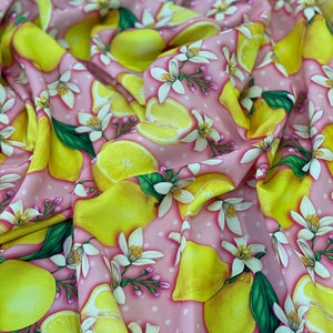 Lemon Patterned Silky Crepe Fabric: Pink Floral Dress Fabric