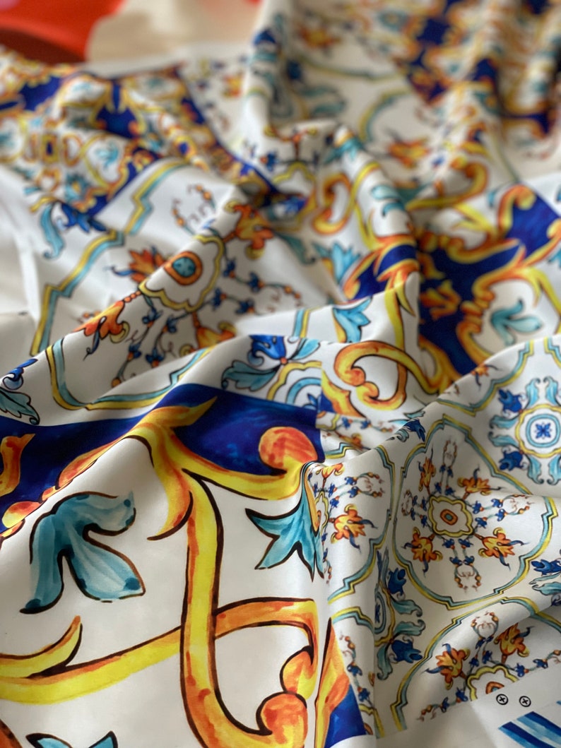 Majolica Tile Patterned Silk Satin Fabric, Highquality Pattern Digital ...