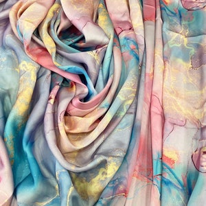 Tie Dye Marble Gold Blue Pink  Patterned Silk Satin Fabric