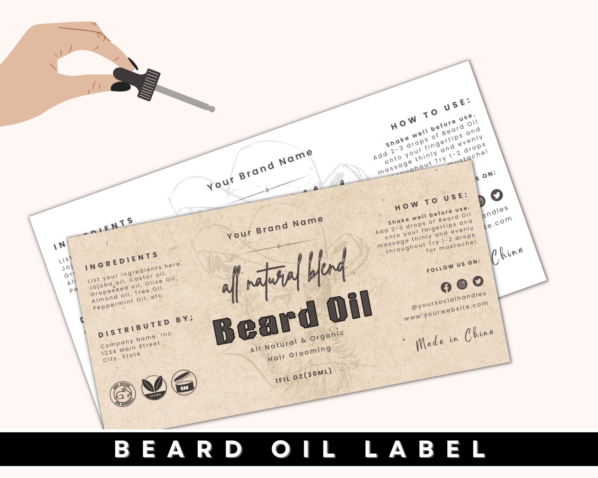 Beard Oil Bottle Label Template, Beard Oil Label, Editable Product Label, Essential Oil Bottle