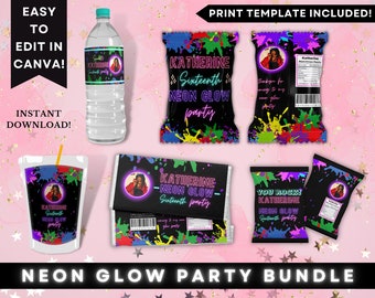 Ensemble de fête d'anniversaire Neon Glow | Modèle de sac à puce néon Glow, emballage de barre de chocolat, Topper de sac de friandises popping Candy, étiquettes de pochette de jus
