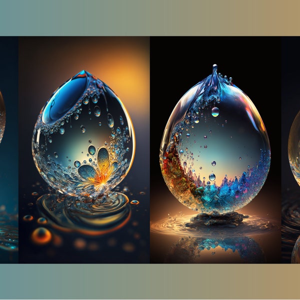 Spectral Water Droplets, Iphone/Smartphone wallpapers, 4 set , AI Backgrounds, Midjourney, Digital Download