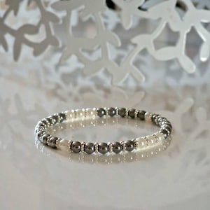 Rhodium Hematite with Freshwater Pearl Bracelet Positive Energy Stones 4 mm
