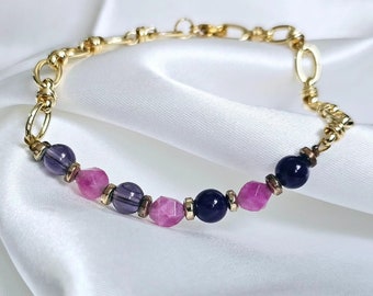 Beaded bracelet made of pink tourmaline, amethyst and hematite, positive energy bracelet