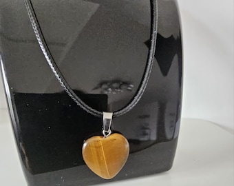 Leather necklace, choker with tiger eye heart pendant