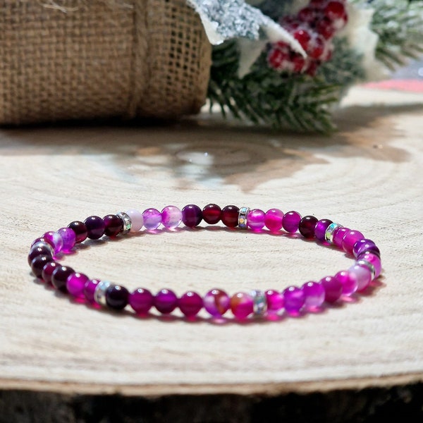 Bracelet bracelet perlé agate fuchsia Pierres à énergie positive 4 mm longueur 17 cm