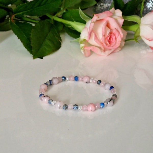 Perlenarmband aus Pink Opal, Rosenquarz, Lapislazuli und Swarovski Kristalle