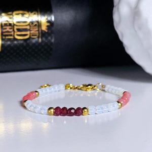 Triple protection gemstone bracelet made of moonstone, rhodonite and ruby with carabiner clasp