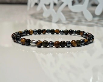 Triple protection gemstone bracelet made of tiger eye, obsidian and hematite stones 4 mm