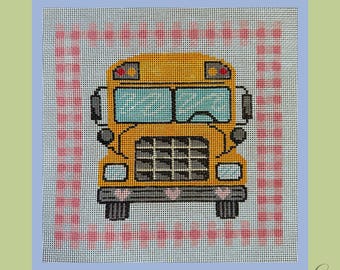 School Bus Needlepoint Canvas | Hand Painted 18 Mesh | Back to School | Teacher Gift | Gingham | 9x9