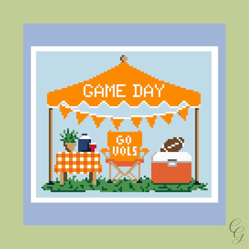 May include: A pixel art illustration of a tailgate scene under an orange canopy with the text GAME DAY. It features a table with an orange checkered cloth, a folding chair with the text GO VOLS, a cooler, and a football on a light blue background.