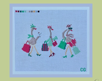 Christmas Shopping Ducks Needlepoint Canvas | Hand Painted Needlepoint | 18 Mesh Christmas Canvas | Holiday Needlepoint | 7x8