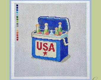 Lake USA Cooler Needlepoint Canvas | Hand Painted Needlepoint Canvas | 18 Mesh Needlepoint | Summer Lake House Decor | 8x8