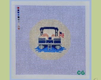 Pontoon Boat Needlepoint Canvas | Hand Painted Needlepoint Canvas | Lake Needlepoint | 18 Mesh Canvas | Lake House Decor | 6x6