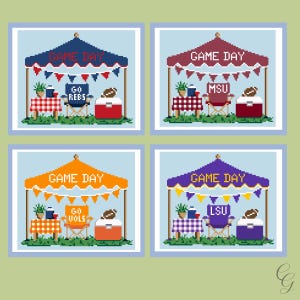 May include: Four pixel art illustrations of game day tailgating scenes. Each scene features a canopy tent with the text GAME DAY, a checkered table with a plant and cooler, a folding chair with team text, and a football on a large cooler.