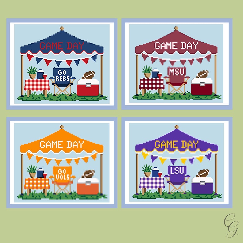 May include: Four pixel art illustrations of game day tailgating scenes. Each scene features a canopy tent with the text GAME DAY, a checkered table with a plant and cooler, a folding chair with team text, and a football on a large cooler.