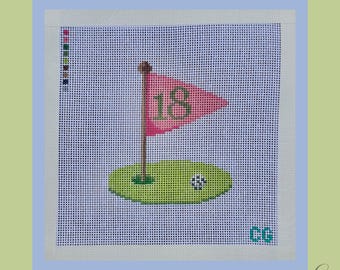 Golf Flag Needlepoint Canvas | Hand Painted Needlepoint Canvas | Golf Green | 18 Mesh | 13 Mesh | Golf Gift | 6x6