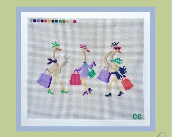 Shopping Ducks Needlepoint Canvas | Hand Painted Needlepoint Canvas | 18 Mesh Needlepoint | Party Animal Canvas | 7x8
