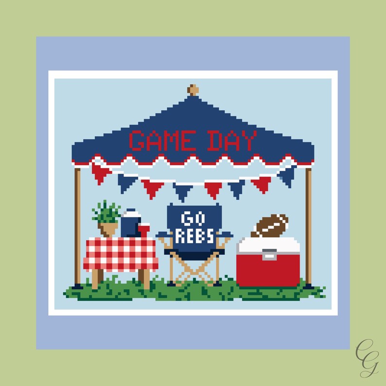 May include: A pixel art cross stitch pattern featuring a blue canopy tent with the text GAME DAY, red and blue bunting, a table with a red and white checkered cloth, a blue folding chair with GO REBS text, and a red cooler with a football.