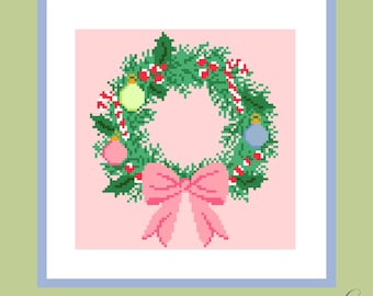 Christmas Wreath Needlepoint Canvas | Hand Painted Holiday Needlepoint | Pink Bow Christmas Wreath | 13 or 18 Mesh