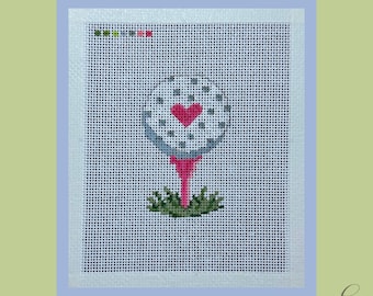 Golf Ball Needlepoint Canvas | Hand Painted Needlepoint Canvas | Golf Gift | 18 Mesh Canvas | Pink Golf Tee | 6x5