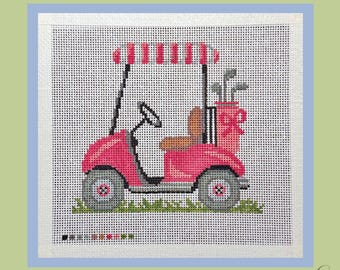 Pink Golf Cart Needlepoint Canvas | Hand Painted 18 Mesh | Golf Gift | 7x7 Canvas