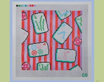 Mahjong Tiles Needlepoint Canvas | Hand Painted 18 Mesh | Mahjong Lover Gift | Colorful Mahjong Canvas | 8x8 Canvas
