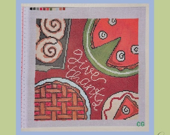Thanksgiving Pie Collage Needlepoint Canvas | Hand Painted 18 Mesh | Give Thanks Fall Needlepoint | Thanksgiving Needlepoint Canvas | 9x9