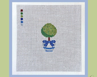 Mini Topiary Needlepoint Canvas | Hand Painted 18 Mesh | 13 Mesh | Beginner Project | Blue & White Chinoiserie | 6x6 Canvas