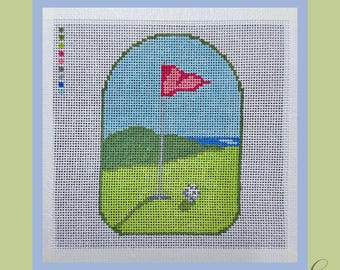 Golf Green Needlepoint Canvas | Hand Painted Needlepoint Canvas | Golf Flag | 18 Mesh Canvas | Golf Gift | 6x7