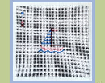 Mini Sailboat Needlepoint Canvas | Hand Painted 18 Mesh | 13 Mesh | Beginner Project | Coastal Needlepoint | 6x6 Canvas