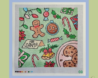 Christmas Collage Needlepoint Canvas | Hand Painted 18 Mesh Christmas Needlepoint | Holiday Canvas | Cookies for Santa | 10x10
