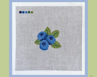 Mini Blueberries Needlepoint Canvas | Hand Painted 18 Mesh | 13 Mesh | Beginner Project | Blueberry | 6x6 Canvas