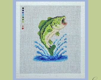 Largemouth Bass Needlepoint Canvas | Hand Painted | Fishing | 18 Mesh or 13 Mesh | Lake House Decor | 6x5.5