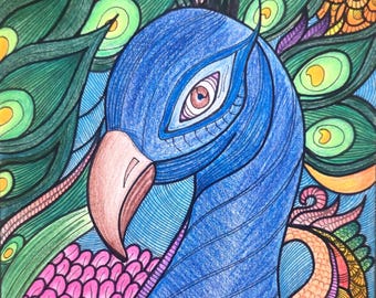 One of a kind Peacock Drawing - Intricate A4 Mandala Style Bird Artwork