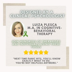 May include: A light beige graphic with text that reads "DESIGNED BY A CLINICAL PSYCHOLOGIST" and "LUIZA PLESCA M.A. IN COGNITIVE-BEHAVIORAL THERAPY." The image includes a photo of a woman and the text "JOIN HUNDREDS OF THERAPISTS AND INDIVIDUALS USING THESE TOOLS."