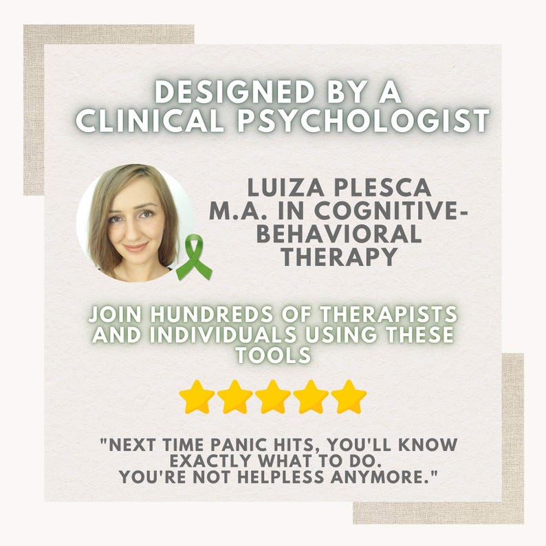 May include: A light beige graphic with text that reads "DESIGNED BY A CLINICAL PSYCHOLOGIST" and "LUIZA PLESCA M.A. IN COGNITIVE-BEHAVIORAL THERAPY." The image includes a photo of a woman and the text "JOIN HUNDREDS OF THERAPISTS AND INDIVIDUALS USING THESE TOOLS."