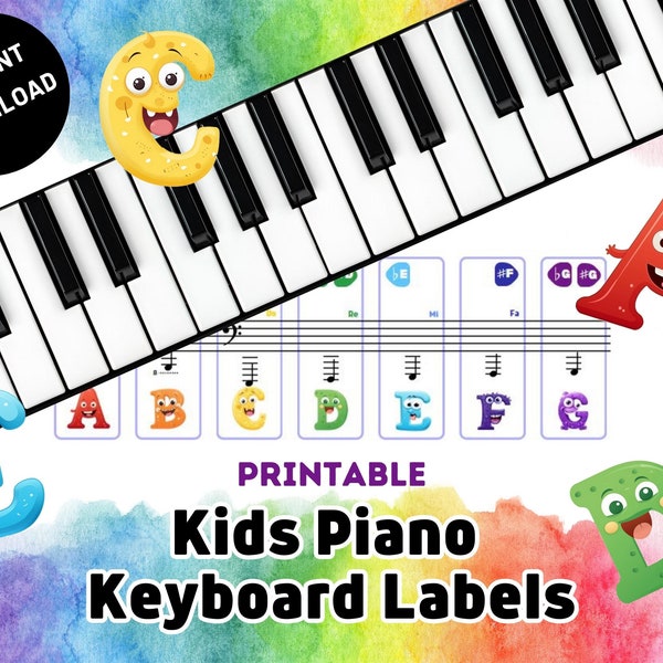 Étiquettes de clavier de piano pour enfants - Autocollants de piano pour débutants - Imprimez, coupez et jouez ! - Téléchargement instantané - Autocollants imprimables drôles et mignons