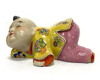 Almohada de opio de porcelana china de estilo antiguo para bebé niño / Figura infantil de estilo Qing / Escultura de reposacabezas azul y blanco