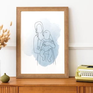 May include: A framed line drawing of a woman holding a child. The drawing is on a white background with a blue watercolor wash behind the figures.