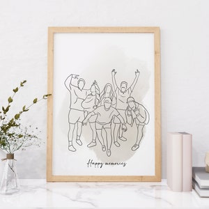 May include: A framed black and white line drawing of a group of friends posing together. The drawing is on a white background with a light brown watercolor wash behind the figures. The text "Happy memories" is written below the drawing.