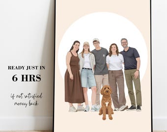 Custom Family Portrait From Photo, Personalized Family Illustration with Pet Minimalis Modern Wall Art Print, Housewarming Gift